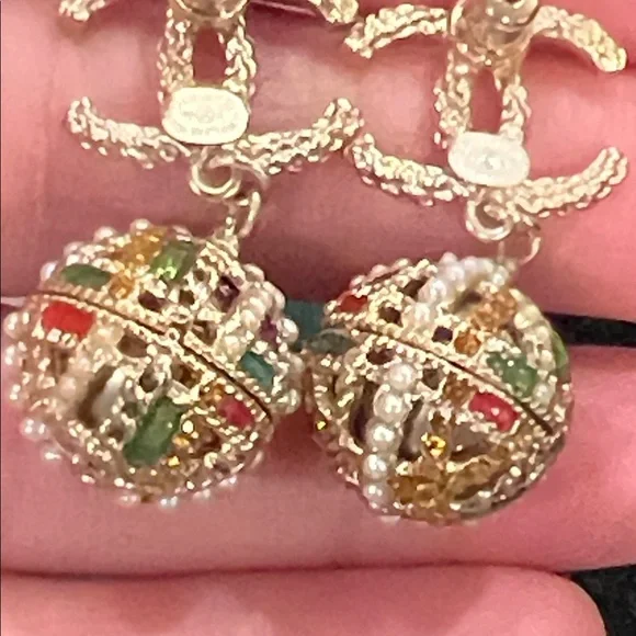 CHANEL Gold-Tone Double C Drop Earrings with Multicolor Enamel and Pearl Accents - Picture 14 of 15